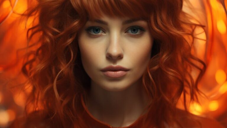 kobieca twarz z bliska w rozwianych rudych włosach