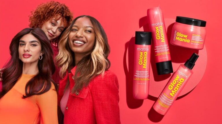 Grafika przedstawiająca na czerwonym tle trzy kobiety o lśniących włosach oraz produkty Matrix Professional Glow Mania