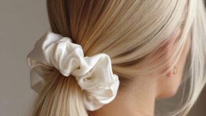 Blond włosy spięte ozdobną gumką do włosów