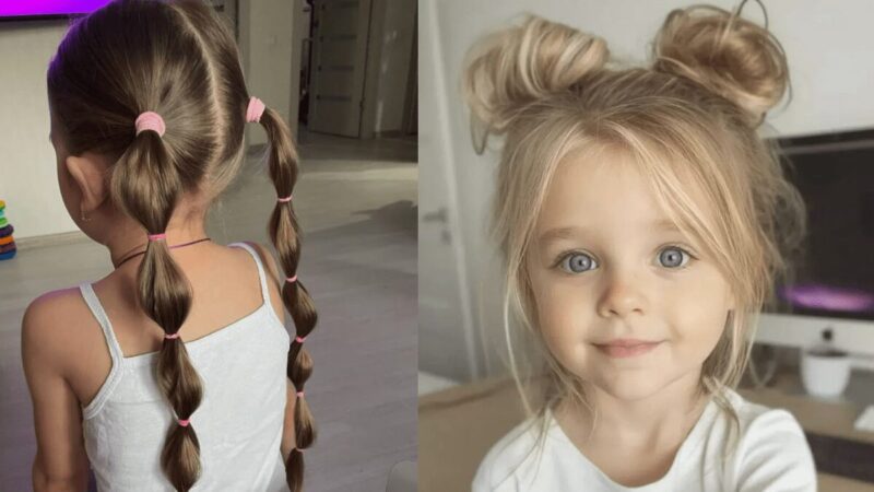 Dziewczynki z upiętymi włosami: warkocze i koczki na czubku głowy