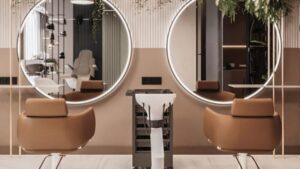 Salon fryzjerski z lustrami i fotelami fryzjerskimi