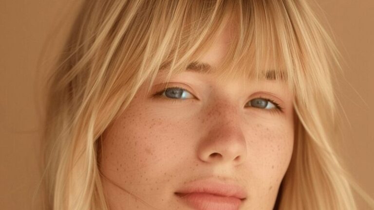 Dziewczyna z blond włosami i grzywką Scandi fringe