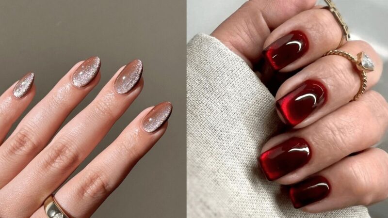 Paznokcie na święta i sylwestra: cat eye i velvet