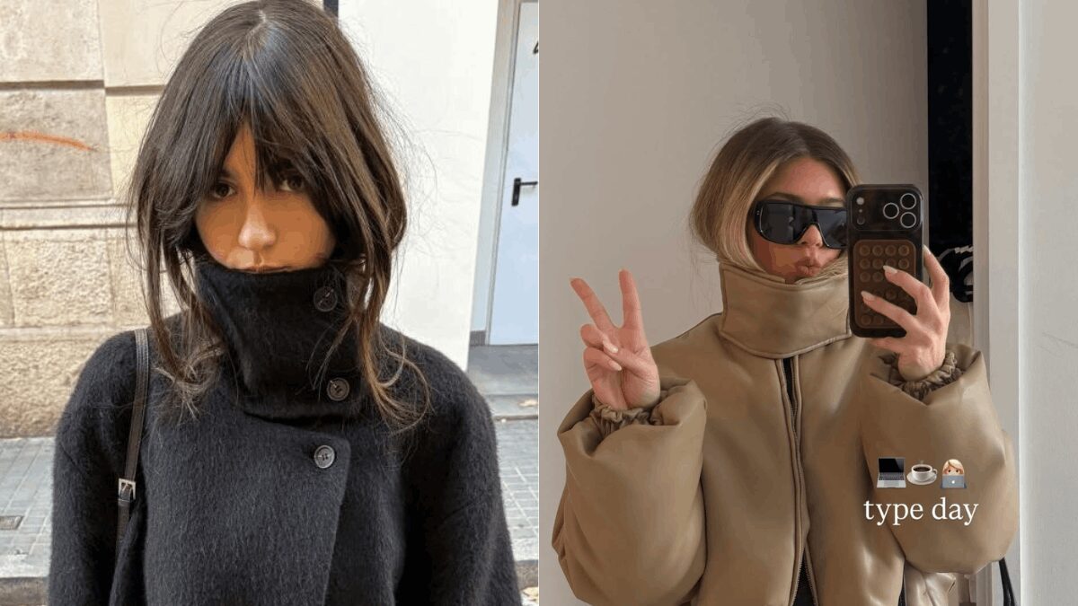 Dziewczyny z włosami włożonymi w kołnierz kurtki - przykłady fryzury funnel tuck