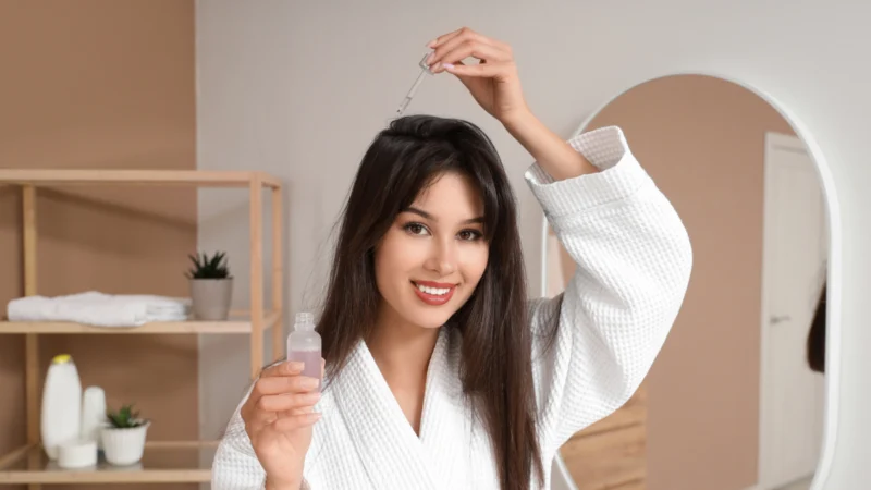 Kobieta aplikująca serum do skóry głowy