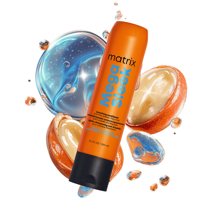 Treść wiadomości Gemini Odżywka Matrix Mega Sleek z kwasem oleinowym i olejem jojoba, na pomarańczowym tle z bąbelkami i orzechami.