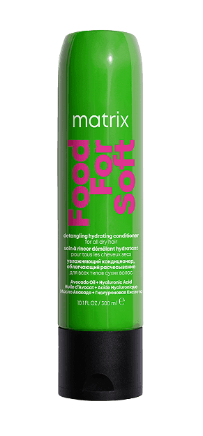 Zielona butelka odżywki Matrix Food For Soft z czarną zakrętką i pionowym, różowym napisem.
