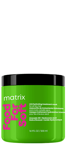 Zielone opakowanie maski do włosów Matrix Food For Soft z czarną nakrętką i różowym napisem.