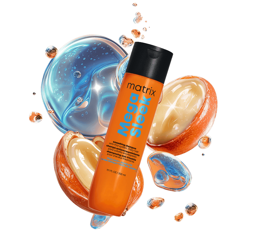 Szampon Matrix Mega Sleek z kwasem oleinowym i olejem jojoba na pomarańczowym tle z bąbelkami.