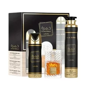 Lattafa Khamrah zestaw woda perfumowana spray 100ml + dezodorant spray 200ml + odświeżacz powietrza 300ml (U)