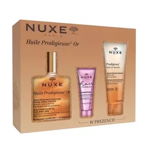 Nuxe Huile Prodigieuse Or zestaw suchy olejek 100ml + szampon do włosów 30ml + olejek pod prysznic 100ml