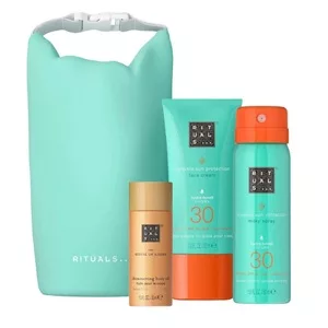 Rituals The Ritual of Karma zestaw błyszczący olejek do ciała 30ml + krem do twarzy SPF30 50ml + mleczko do opalania w sprayu SPF30 50ml