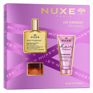 Nuxe The Iconics zestaw suchy olejek regenerujący 50ml + balsam do ust 15g + szampon wygładzający 50ml