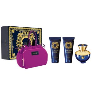 Versace Dylan Blue Pour Femme zestaw woda perfumowana spray 100ml + żel pod prysznic 100ml + balsam do ciała 100ml + torba kosmetyczna (W)