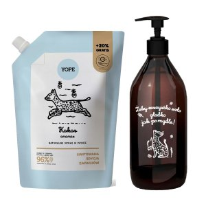 Yope, zestaw mydło w płynie 600ml refill + szklana butelka, kokos ananas