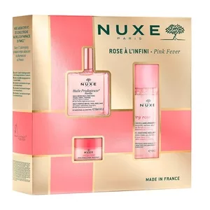 Nuxe Rose A L\'infini Pink Fever zestaw łagodząca woda micelarna 3w1 100ml + różany balsam do ust 15g + suchy olejek regenerujący 50ml