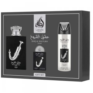 Lattafa Ishq Al Shuyukh Silver zestaw woda perfumowana spray 100ml + woda perfumowana spray 20ml + dezodorant spray 200ml (U)