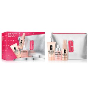 Clinique Glow All Over zestaw aktywne serum zapewniające blask 30ml + maseczka intensywnie nawilżająca 30ml + mgiełka do twarzy 30ml + kosmetyczka