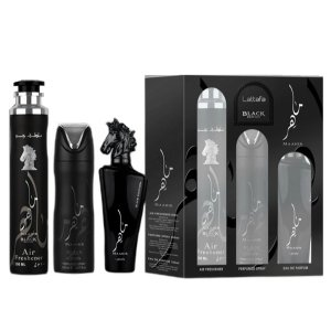 Lattafa Maahir Black Edition zestaw woda perfumowana spray 100ml + dezodorant spray 200ml + odświeżacz powietrza 300ml (U)