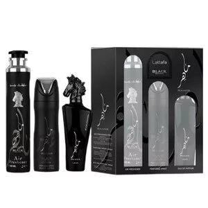 Lattafa Maahir Black Edition zestaw woda perfumowana spray 100ml + dezodorant spray 200ml + odświeżacz powietrza 300ml (U)