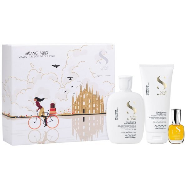 Alfaparf Semi di Lino Diamond, zestaw prezentowy rozświetlający do włosów normalnych, 250ml + 200ml + 15ml