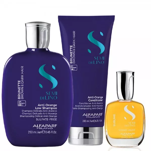 Alfaparf Milano Semi Di Lino Brunette, zestaw redukujący pomarańczowe odcienie dla brunetek, szampon + odżywka + olejek