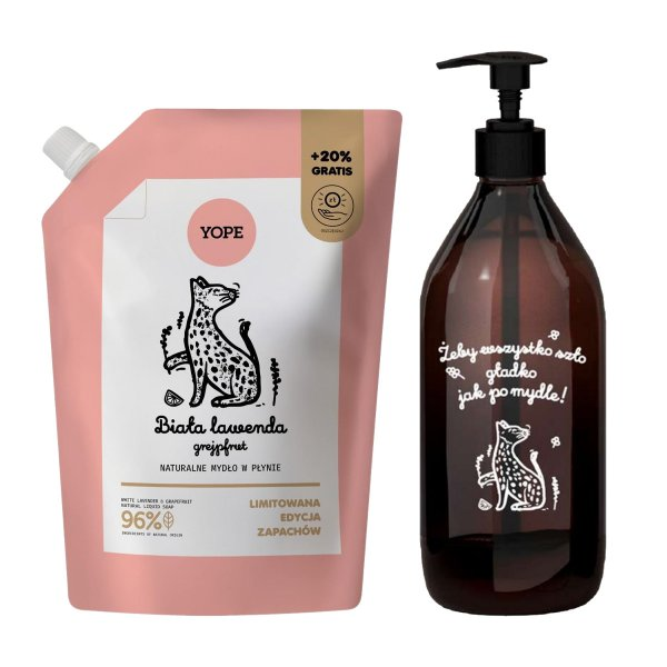 Yope, zestaw mydło w płynie 600ml refill + szklana butelka, biała lawenda i grejpfrut