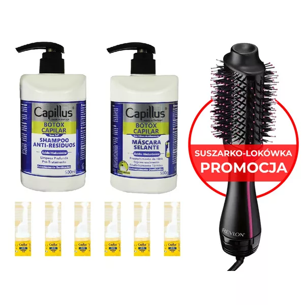 Capillus Botox Capilar, zestaw do zabiegu odmładzania włosów + suszarko-lokówka Revlon One-Step and Volumiser RVDR5222E