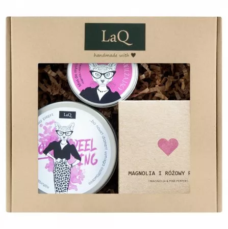 LaQ, Zestaw: Kicia Magnolia - peeling, masło do ciała i mus do mycia twarzy