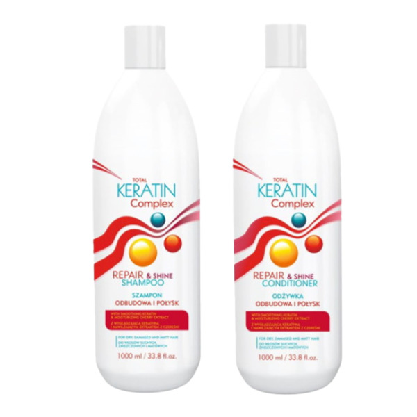 CeCe Total Keratin Complex, zestaw XL do odbudowy i połysku z keratyną i czereśnią, szampon + odżywka, 2x1000ml
