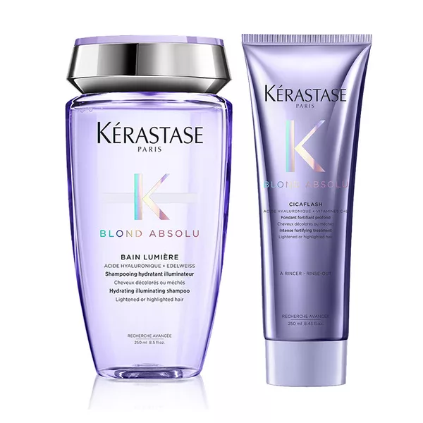Kérastase Blond Absolu, zestaw rozświetlająco-wzmacniający do włosów blond, kąpiel Lumiere 200ml + odżywka Cicaflash 250ml