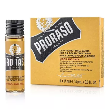 Proraso Hot Oil, gorący olejek - kuracja do pielęgnacji brody Wood&Spice, 4x17ml