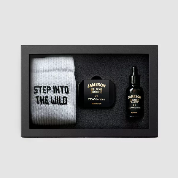 ZEW For Men Nieokiełznany Drwal Jameson Black Barrel, zestaw prezentowy dla mężczyzn, olejek + balsam + skarpetki