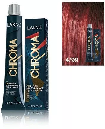 Lakme Chroma, farba do włosów o łagodnej formule, 4/99, 60ml