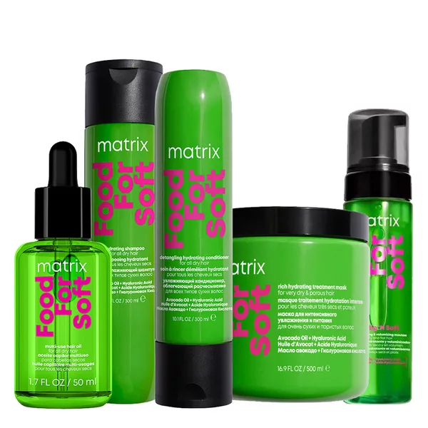 Matrix Food For Soft, zestaw intensywnie nawilżający: szampon + odżywka + olejek + maska + pianka