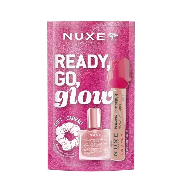 Nuxe Ready Go Glow zestaw suchy olejek regenerujący 10ml + nawilżające serum powiększające usta 8ml + gumka do włosów