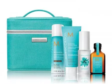 Moroccanoil, zestaw podróżny do włosów ciemnych, kosmetyczka, suchy szampon, nawilżający krem, mgiełka zapachowa, kuracja z olejkiem arganowym