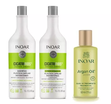 INOAR, zestaw do włosów zniszczonych, Cicatrifios szampon 1000 ml+ odżywka 1000ml + olejek Argan Oil 60ml