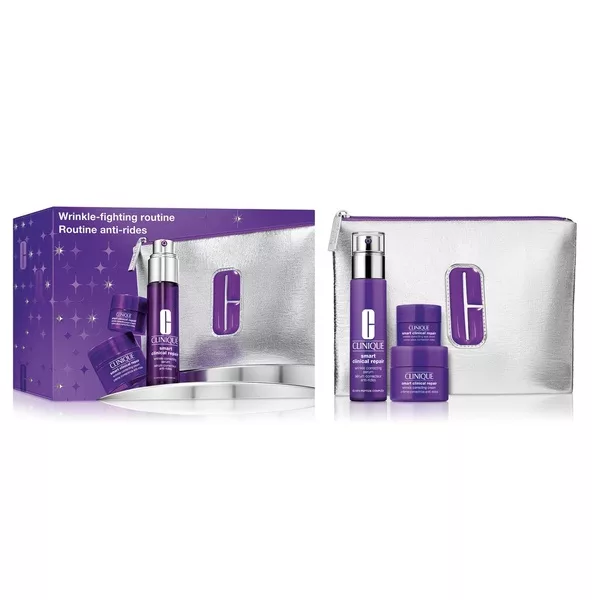 Clinique Wrinkle Fighting Routine zestaw serum do twarzy 30ml + krem do twarzy 15ml + krem pod oczy 5ml + kosmetyczka