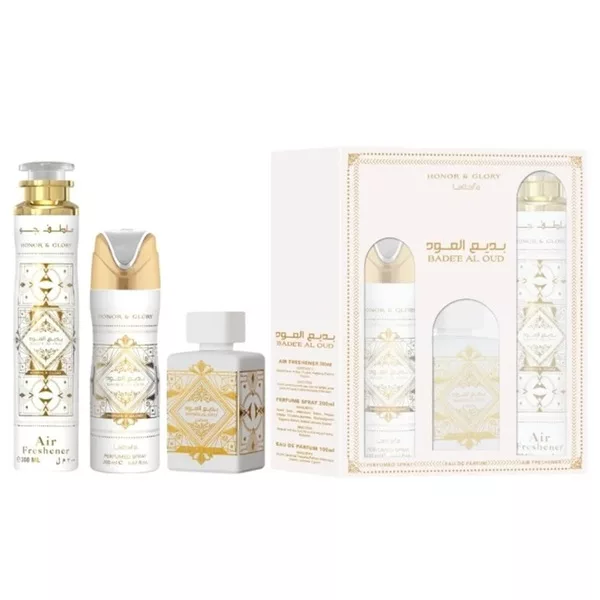 Lattafa Bade'e Al Oud Honor & Glory zestaw woda perfumowana spray 100ml + dezodorant spray 200ml + odświeżacz powietrza 300ml (U)
