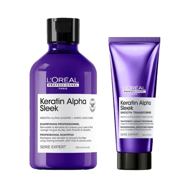 Loreal Keratin Alpha Sleek, zestaw wygładzający do włosów puszących się, szampon + kuracja