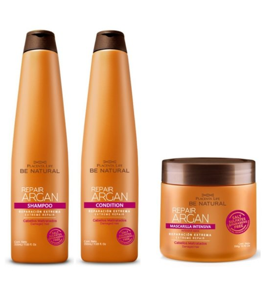 Placenta Life Repair Argan, zestaw nawilżający do włosów suchych i zniszczonych, szampon + maska + odżywka