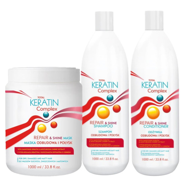CeCe Total Keratin Complex Repair & Shine, zestaw XL do odbudowy i połysku, szampon + odżywka + maska, 3x1000ml