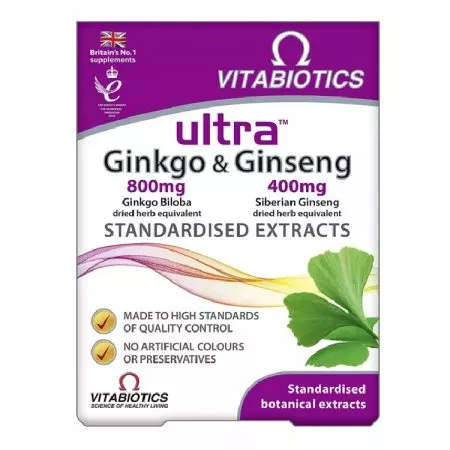 Vitabiotics Ultra Ginkgo& Ginseng suplement diety z miłorzębem japońskim i żeń-szeniem 60 tabletek