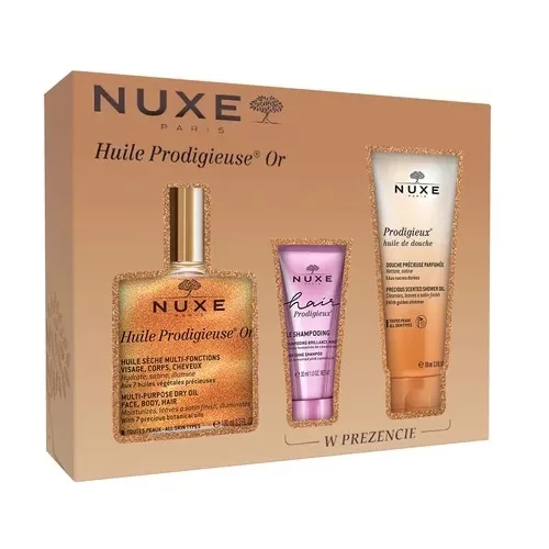 Nuxe Huile Prodigieuse Or zestaw suchy olejek 100ml + szampon do włosów 30ml + olejek pod prysznic 100ml