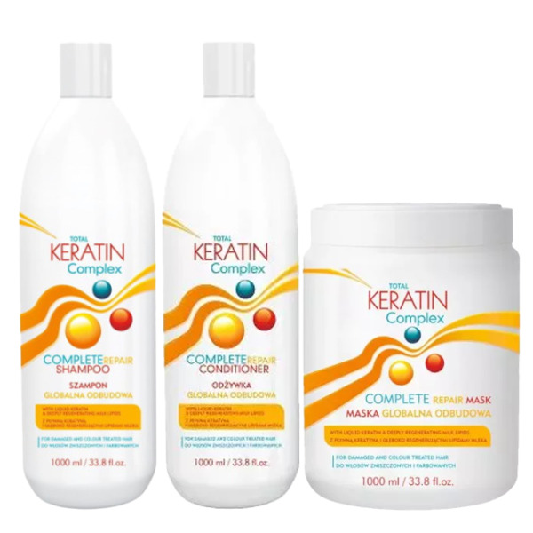 CeCe Total Keratin Complex, zestaw XL do odbudowy włosów zniszczonych, szampon + odżywka + maska, 3x1000ml