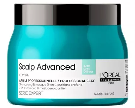 Loreal Scalp Advanced, glinka oczyszczająca 2w1 do tłustej skóry głowy, 500ml