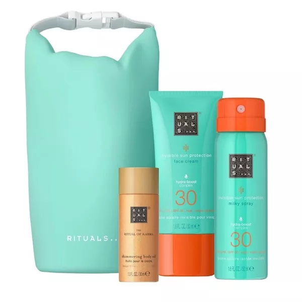 Rituals The Ritual of Karma zestaw błyszczący olejek do ciała 30ml + krem do twarzy SPF30 50ml + mleczko do opalania w sprayu SPF30 50ml