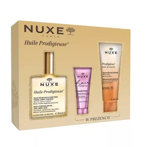 Nuxe Huile Prodigieuse zestaw suchy olejek 100ml + szampon do włosów 30ml + olejek pod prysznic 100ml