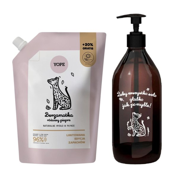 Yope, zestaw mydło w płynie 600ml refill + szklana butelka, bergamotka różowy pieprz